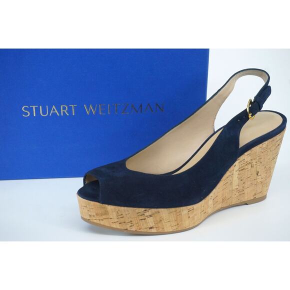Stuart Weitzman Jean Blue Suede Slingback Cork Wedge Heel Sandal SZ 11 New - Picture 1 of 9